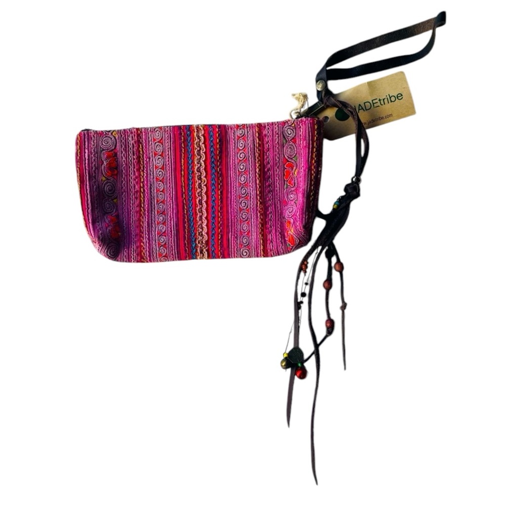Pink Toned Handcrafted Woven Jade Tribe Clutch pull tab and leather Fringe - Picture 3 of 12